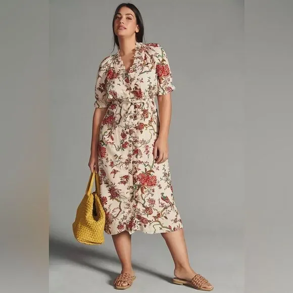 Anthropologie Pilcro Ruffle-Collar Buttondown Dress Cream Floral Boho Size 12